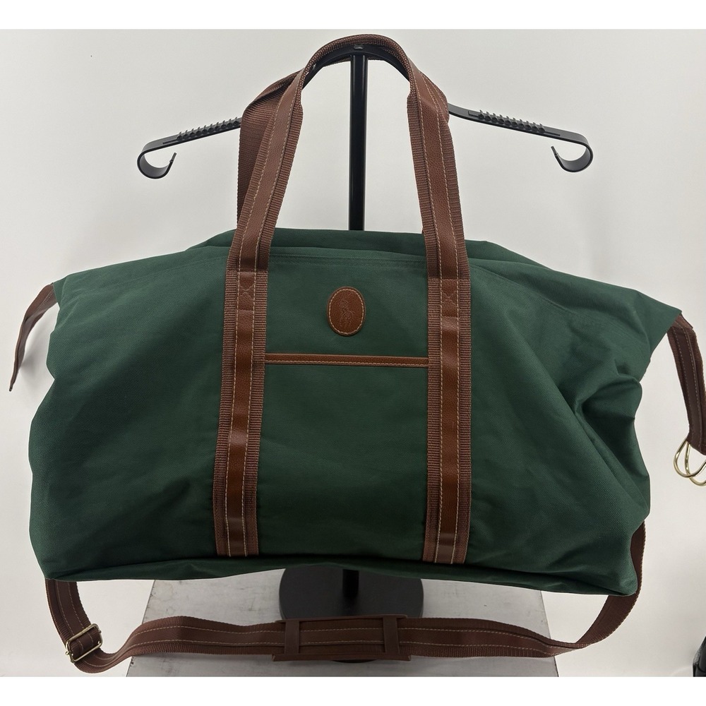 VTG Ralph Lauren Green Duffle Bag Fragrance Weekender Brown Trim Extra Large 30"